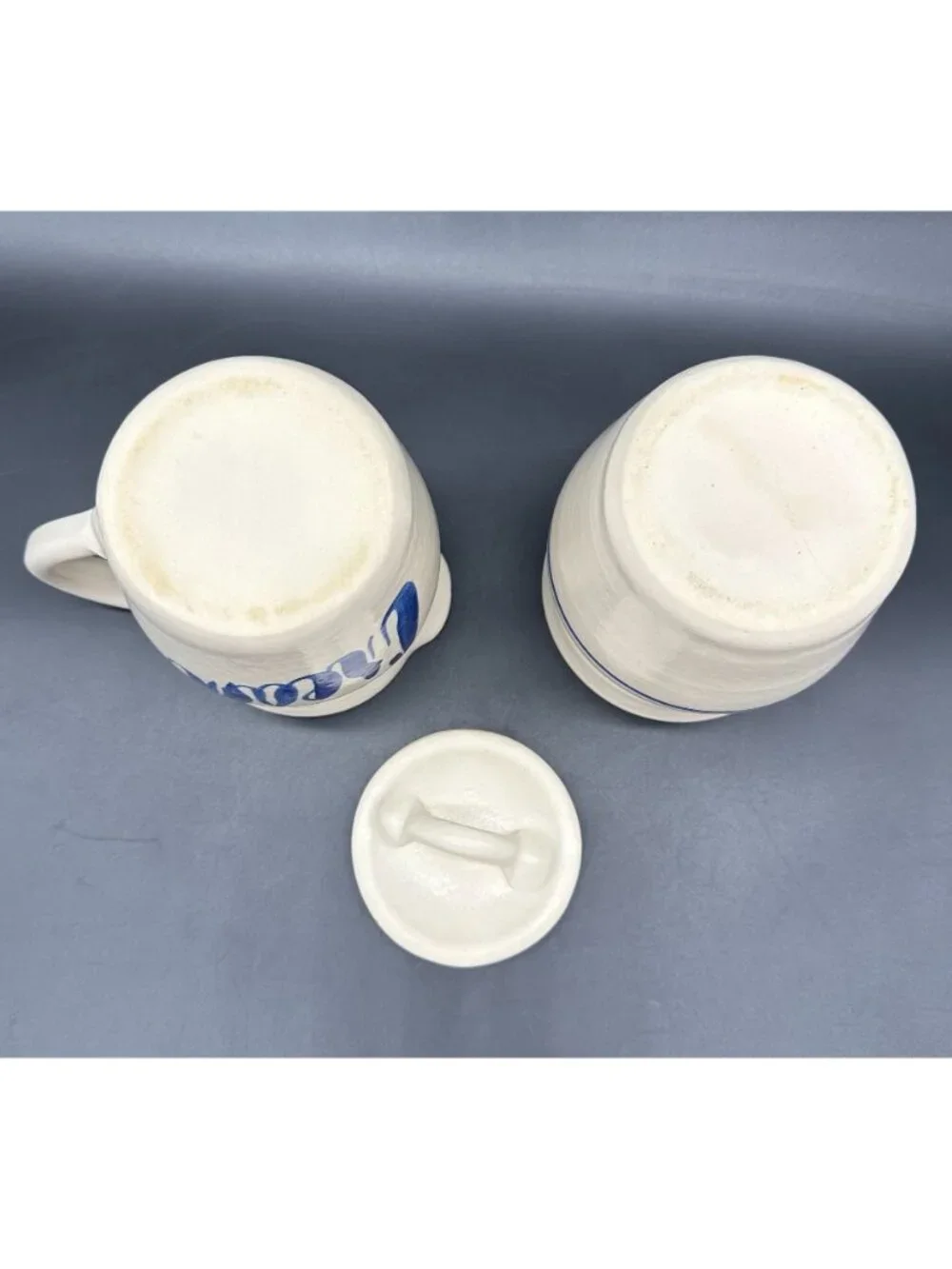 Vintage Pottery Creamer Pitcher Sugar Bowl White Blue Stoneware Set 1990s